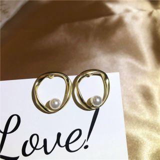 Faux Pearl Alloy Hoop Earring 1 Pair - White Faux Pearl - Gold - One Size