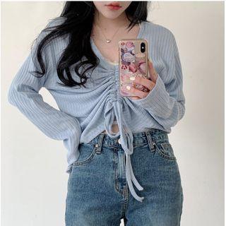 Long-sleeve Drawstring Plain Knit Top Grayish Blue - One Size