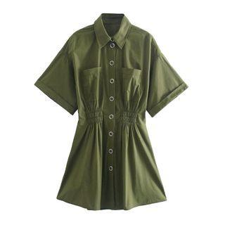 Short-sleeve Plain Mini A-line Shirtdress
