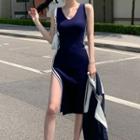 Contrast Striped Knit Slit-hem Tank Dress Blue - One Size