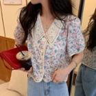 Puff-sleeve Button-up Floral Cropped Blouse