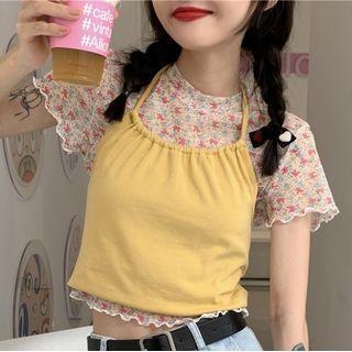 Short-sleeve Floral Print T-shirt / Spaghetti Strap Top