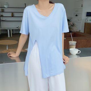 Short-sleeve Slit T-shirt / Plain Wide-leg Pants
