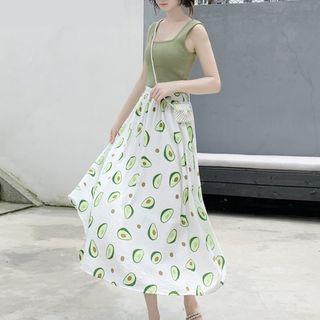 Set: Sleeveless Top + Print A-line Midi Skirt