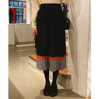 Pleated Color-block Skirt Black - One Size