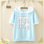 Cat Print Hooded Short-sleeve T-shirt Blue - One Size
