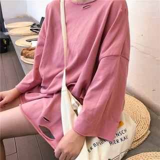 Plain Loose-fit Asymmetric Distressed Long Pullover