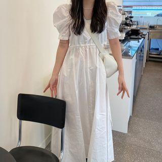 Cut-out Short-sleeve Midi A-line Dress White - One Size
