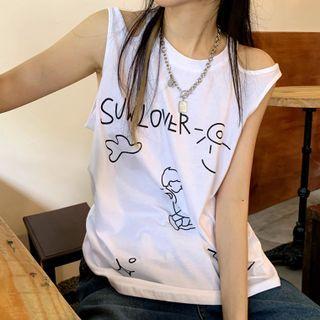 Short-sleeve Print T-shirt / Sleeveless Cutout Top
