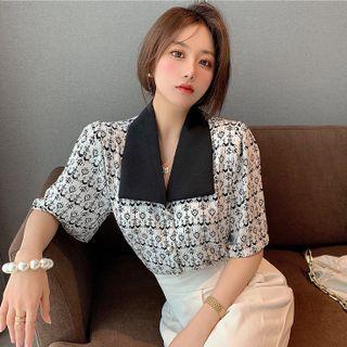 Short-sleeve Contrast Collar Print Blouse