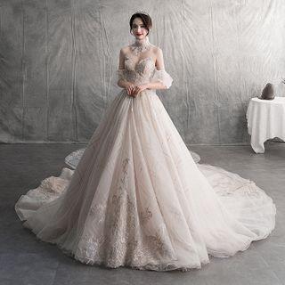 Off-shoulder Mesh Panel Embroidered Wedding Ball Gown