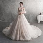 Off-shoulder Mesh Panel Embroidered Wedding Ball Gown