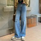Smiley Face Embroidered Wide Leg Jeans
