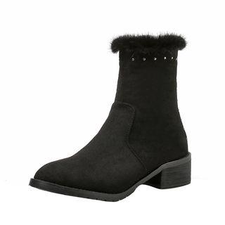 Block Heel Furry-trim Short Boots