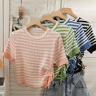 Drawstring-side Striped Crop T-shirt