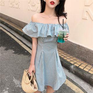 Short-sleeve Ruffled Checker A-line Dress