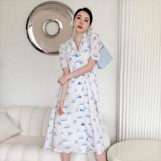 Short-sleeve Collar Printed Midi A-line Dress
