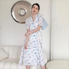 Short-sleeve Collar Printed Midi A-line Dress