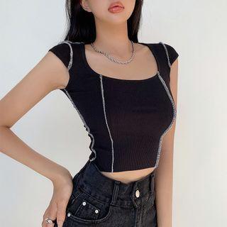 Cap-sleeve Contrast Stitch Crop Top