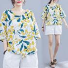 Leaf Print Elbow-sleeve Shirt Yellow & Blue Leaf - White - One Size