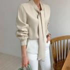 Tie-neck Plain Blouse Cream - One Size