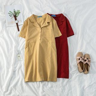 Button-front Short-sleeve Plain Dress