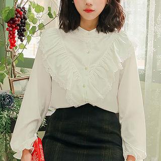 Mandarin-collar Frilled Blouse White - One Size