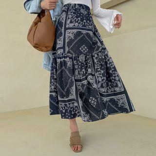 Shirred A-line Maxi Paisley Skirt
