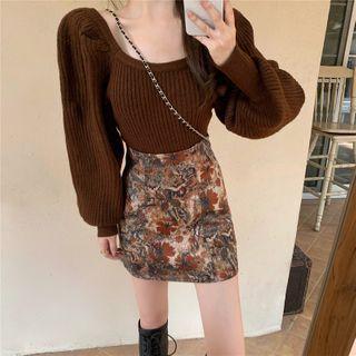 Puff-sleeve Knit Top / Floral A-line Skirt