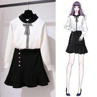 Set: Long-sleeve Mock Neck Bow-accent Top + Mini A-line Skirt