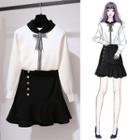 Set: Long-sleeve Mock Neck Bow-accent Top + Mini A-line Skirt
