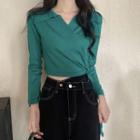 Collared Wrap Knit Crop Top