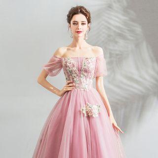 Off-shoulder Short-sleeve Floral Embroidered A-line Evening Gown