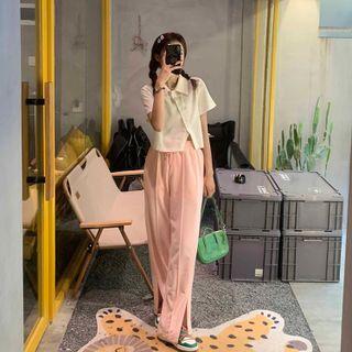 Embroider Pleated Button-up Cropped Top
