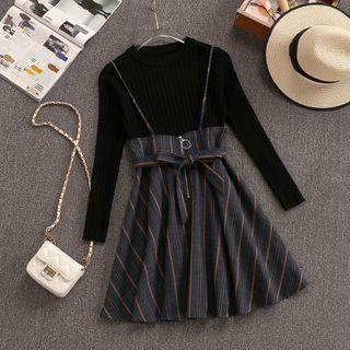 Set: Rib Knit Top + Suspender A-line Skirt
