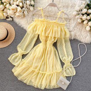 Ruffle Trim Cold-shoulder A-line Dress