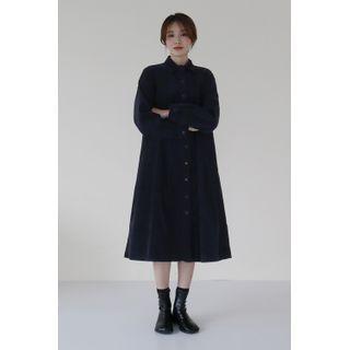 Pleated Corduroy Midi Shirtdress Navy Blue - One Size