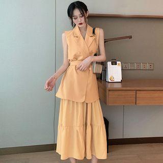 Double Breasted Vest / Strappy Midi A-line Dress