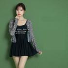 Set: Spaghetti Strap Lettering Swimdress + Checkerboard Cover-up Jacket