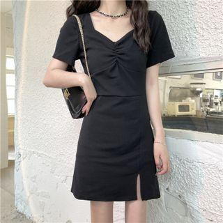 V-neck Side-slit Short-sleeve Dress Black - One Size