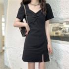 V-neck Side-slit Short-sleeve Dress Black - One Size