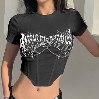 Short Sleeve Printed Chain Detail Corset Top