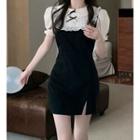 Mock Two-piece Puff-sleeve Bow Bodycon Dress