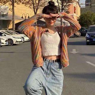Long-sleeve Melange Knit Cardigan As Shown In Figure - One Size