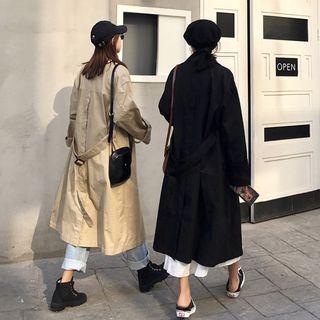 Loose-fit Double-breasted Long Jacket With Sash
