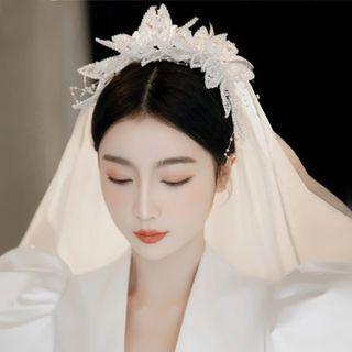 Lace Faux Pearl Wedding Veil White - One Size