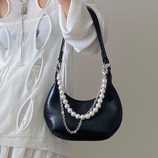 Faux Pearl Chain Faux Leather Hobo Bag Black - One Size