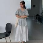 Flower Print Puff-sleeve Blouse / Midi A-line Skirt