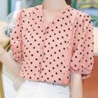 Balloon-sleeve Dotted Lace Trim Blouse