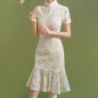 Short-sleeve Lace Ruffle Hem Qipao